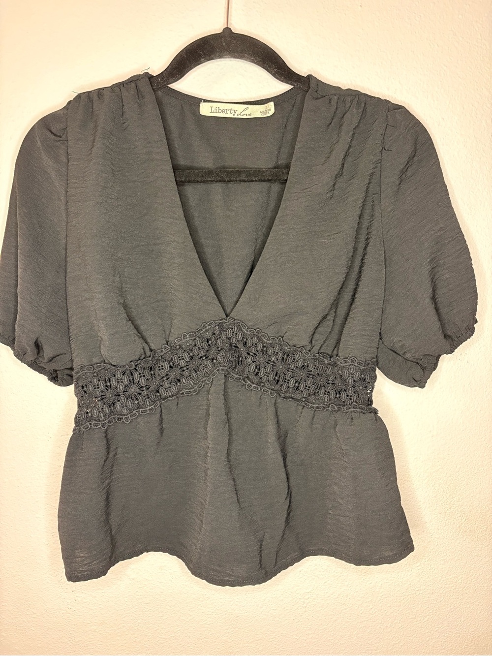 Liberty Love Black V-Neck Crochet-Waist Peplum Blouse-120